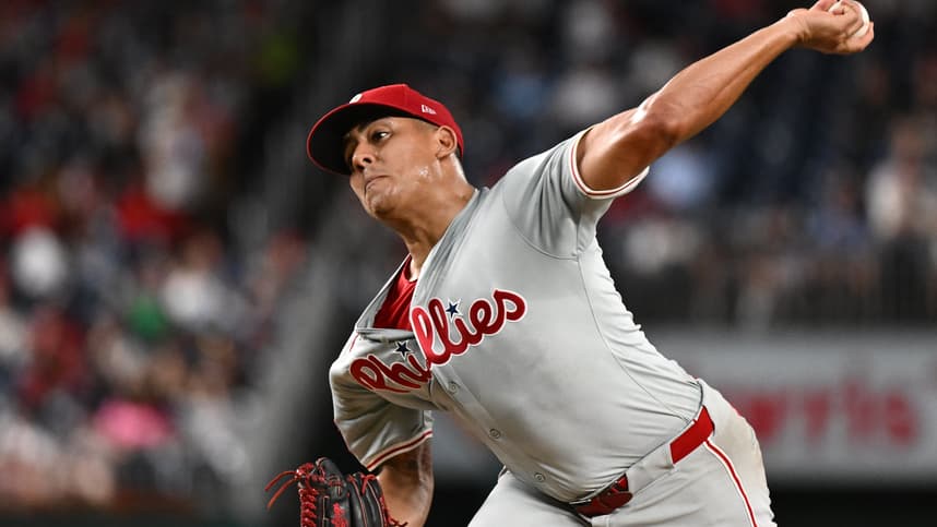 Sep 27, 2024; Washington, District of Columbia, USA;  Philadelphia Phillies pitcher Ranger Suarez (55) delivers a pitch second inning against the Washington Nationals at Nationals Park. Mandatory Credit: James A. Pittman-Imagn Images