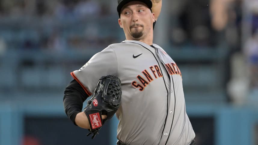 Jul 22, 2024; Los Angeles, California, USA;  San Francisco Giants starting pitcher Blake Snell (7) delivers to the plate in the second inning against the Los Angeles Dodgers at Dodger Stadium. Mandatory Credit: Jayne Kamin-Oncea-Imagn Images