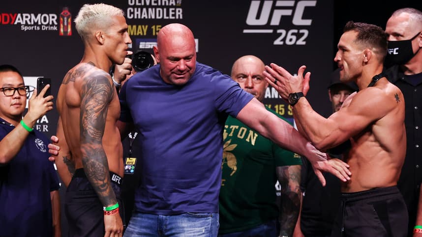 May 14, 2021; Houston, Texas, USA; Charles Oliveira and Dana White and Michael Chandler during weigh ins for UFC 262 at George R Brown Convention Center. Mandatory Credit: Troy Taormina-Imagn Images