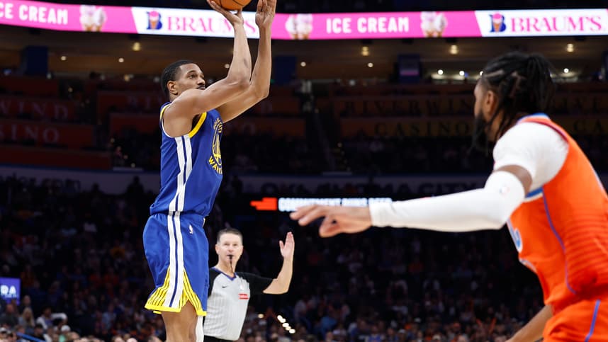 Nov 10, 2024; Oklahoma City, Oklahoma, USA; Golden State Warriors guard De'Anthony Melton (8) shoots a three point basket against the Oklahoma City Thunder during the second half at Paycom Center. Mandatory Credit: Alonzo Adams-Imagn Images