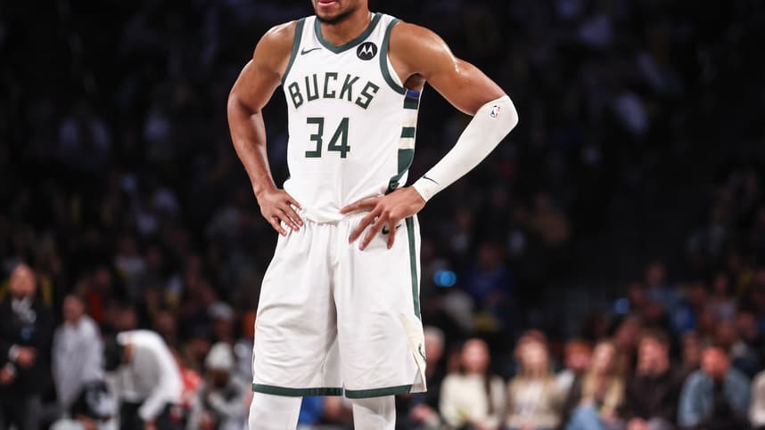 Oct 27, 2024; Brooklyn, New York, USA;  Milwaukee Bucks forward Giannis Antetokounmpo (34) at Barclays Center. Mandatory Credit: Wendell Cruz-Imagn Images