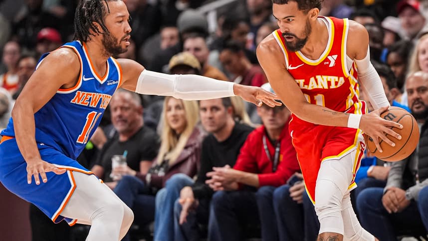 Nov 6, 2024; Atlanta, Georgia, USA; Atlanta Hawks guard Trae Young (11) is defended by New York Knicks guard Jalen Brunson (11) during the first half at State Farm Arena. Mandatory Credit: Dale Zanine-Imagn Images