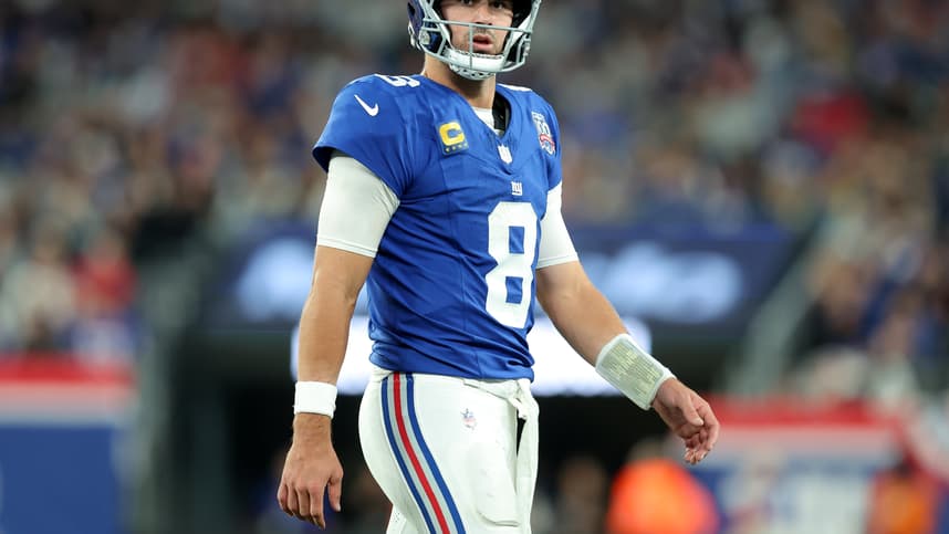 Oct 13, 2024; East Rutherford, New Jersey, USA; New York Giants quarterback Daniel Jones (8) reacts during the third quarter against the Cincinnati Bengals at MetLife Stadium. Mandatory Credit: Brad Penner-Imagn Images