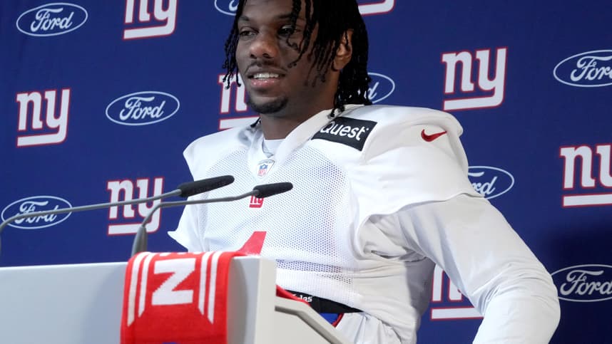 Nov 8, 2024; Munich, Germany; New York Giants wide receiver Malik Nabers (1) during press conference at the FC Bayern Munchen training grounds at Sabener Strasse. Mandatory Credit: Kirby Lee-Imagn Images