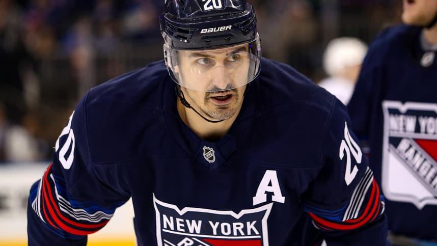 Nov 3, 2024; New York, New York, USA; New York Rangers left wing Chris Kreider (20) skates against the New York Islanders during the third period at Madison Square Garden. Mandatory Credit: Danny Wild-Imagn Images