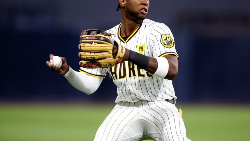 Oct 8, 2024; San Diego, California, USA; San Diego Padres outfielder Jurickson Profar (10) in the second inning against the Los Angeles Dodgers during game three of the NLDS for the 2024 MLB Playoffs at Petco Park. Mandatory Credit: David Frerker-Imagn Images