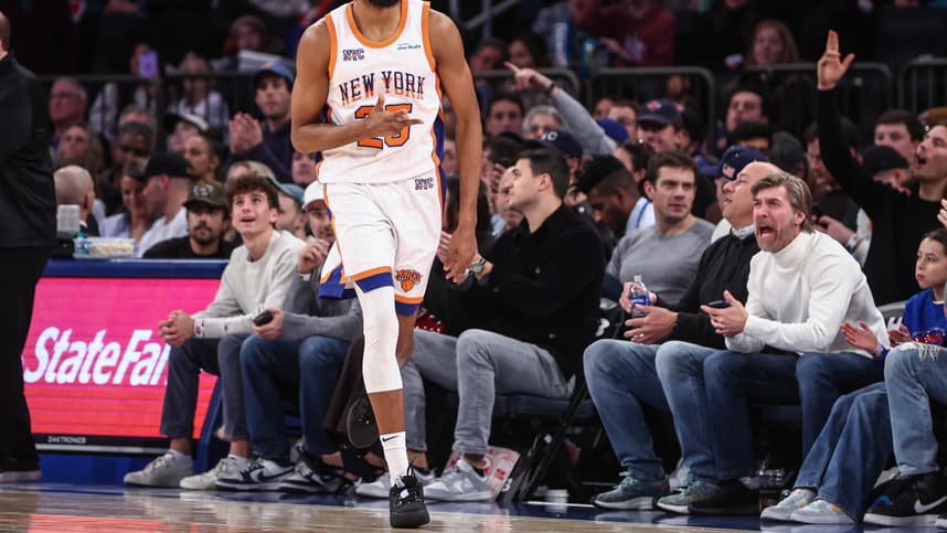Dec 1, 2024; New York, New York, USA;  New York Knicks forward Mikal Bridges (25) celebrates after scoring in the fourth quarter against the New Orleans Pelicans at Madison Square Garden. Mandatory Credit: Wendell Cruz-Imagn Images