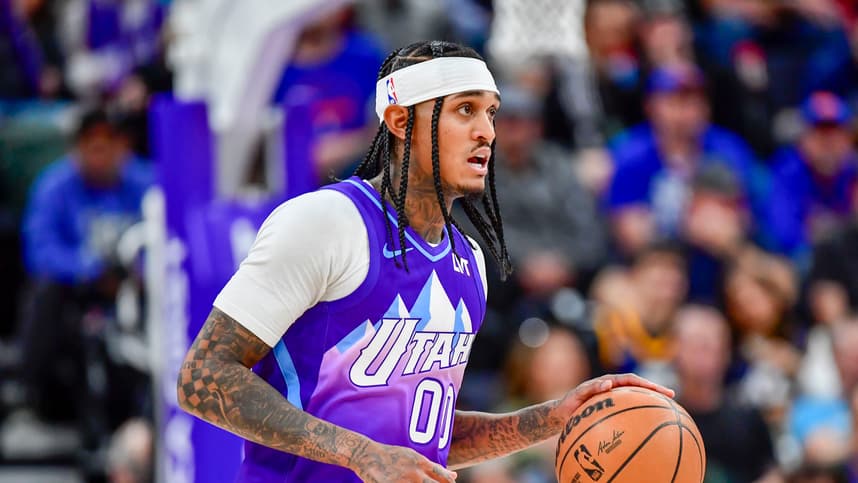 Nov 23, 2024; Salt Lake City, Utah, USA; Utah Jazz guard Jordan Clarkson (00) dribbles the ball downcourt against the New York Knicks during the second half at the Delta Center. Mandatory Credit: Christopher Creveling-Imagn Images
