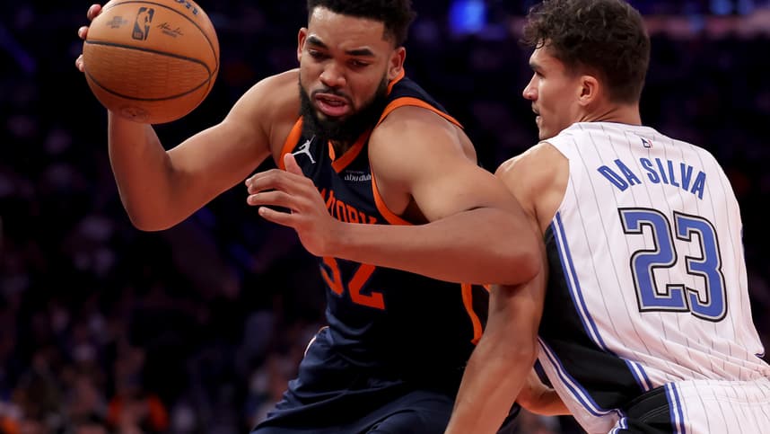 Dec 3, 2024; New York, New York, USA; New York Knicks center Karl-Anthony Towns (32) controls the ball against Orlando Magic forward Tristan da Silva (23) during the third quarter at Madison Square Garden. Mandatory Credit: Brad Penner-Imagn Images
