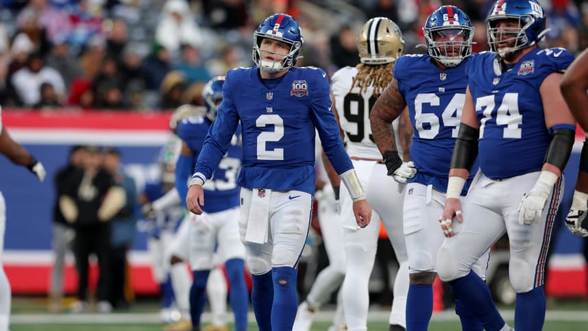Dec 8, 2024; East Rutherford, New Jersey, USA; New York Giants quarterback Drew Lock (2) reacts during the fourth quarter against the New Orleans Saints at MetLife Stadium. Mandatory Credit: Brad Penner-Imagn Images