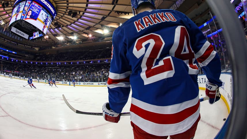 Dec 8, 2024; New York, New York, USA; New York Rangers right wing Kaapo Kakko (24) warms up before a game against the Seattle Kraken at Madison Square Garden. Mandatory Credit: Danny Wild-Imagn Images