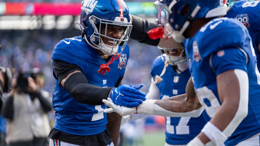 New York Giants wide receiver Malik Nabers (1) celebrates with his teammates after scoring a touchdown during a game between New York Giants and Indianapolis Colts at MetLife Stadium on Sunday, Dec. 29, 2024.
