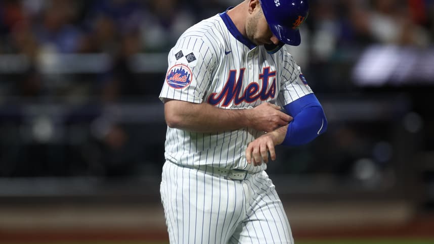 Oct 18, 2024; New York City, New York, USA; New York Mets first baseman Pete Alonso (20) reacts after being hit by a pitch during the fourth inning against the Los Angeles Dodgers during game five of the NLCS for the 2024 MLB playoffs at Citi Field. Mandatory Credit: Vincent Carchietta-Imagn Images