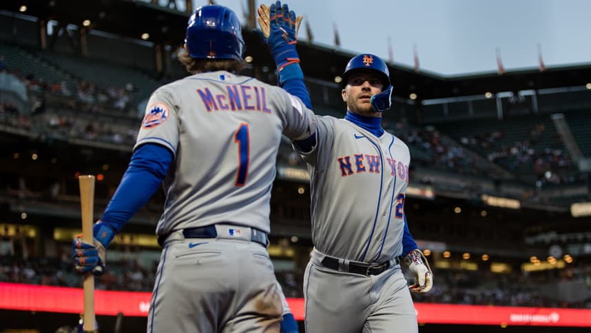 Apr 20, 2023; San Francisco, California, USA;  New York Mets first baseman Pete Alonso (20) is congratulated by right fielder Jeff McNeil (1) after hitting a two-run home run against the San Francisco Giants during the fourth inning at Oracle Park. Mandatory Credit: John Hefti-Imagn Images