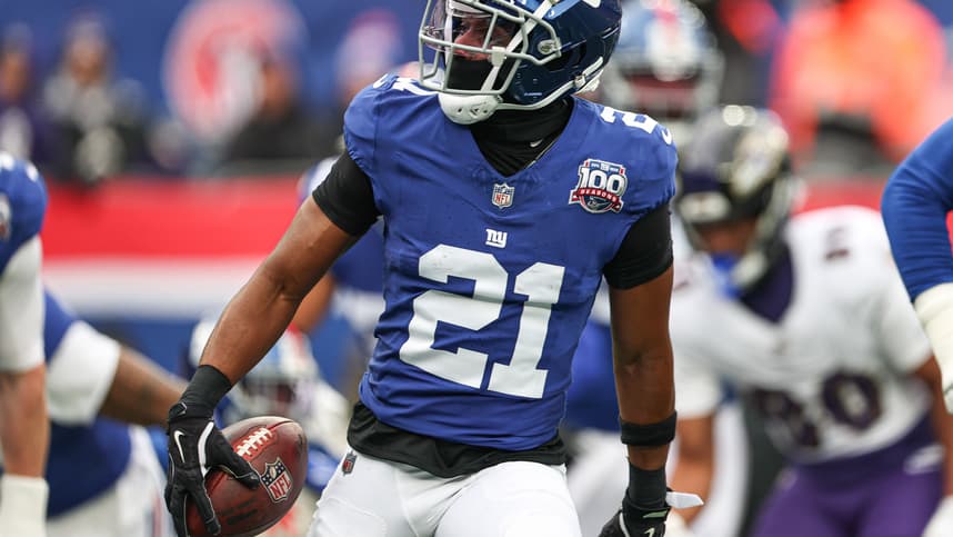 Dec 15, 2024; East Rutherford, New Jersey, USA; New York Giants cornerback Adoree' Jackson (21) celebrates  after receiving a fumble against the Baltimore Ravens during the first quarter at MetLife Stadium. Mandatory Credit: Vincent Carchietta-Imagn Images