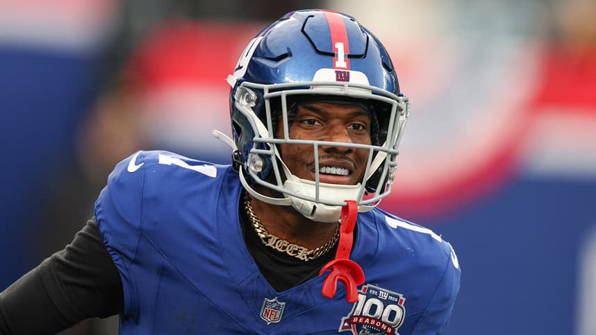 Dec 29, 2024; East Rutherford, New Jersey, USA; New York Giants wide receiver Malik Nabers (1) celebrates after a touchdown reception during the second half against the Indianapolis Colts at MetLife Stadium. Mandatory Credit: Vincent Carchietta-Imagn Images