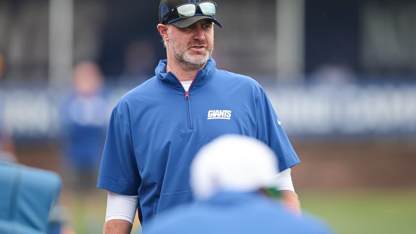 Jul 24, 2024; East Rutherford, NJ, USA; New York Giants defensive coordinator Shane Bowen looks on during training camp at Quest Diagnostics Training Facility. Mandatory Credit: Vincent Carchietta-Imagn Images