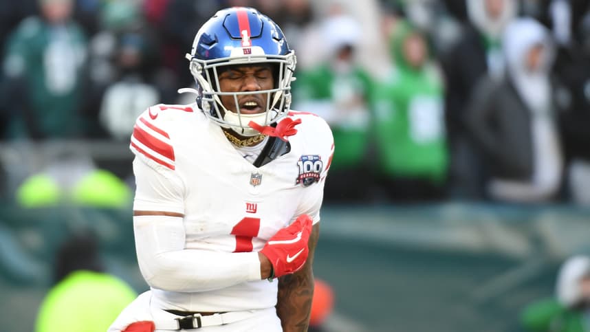 Jan 5, 2025; Philadelphia, Pennsylvania, USA; New York Giants wide receiver Malik Nabers (1) celebrates his 45-yard touchdown catch against the Philadelphia Eagles during the fourth quarter at Lincoln Financial Field. Mandatory Credit: Eric Hartline-Imagn Images
