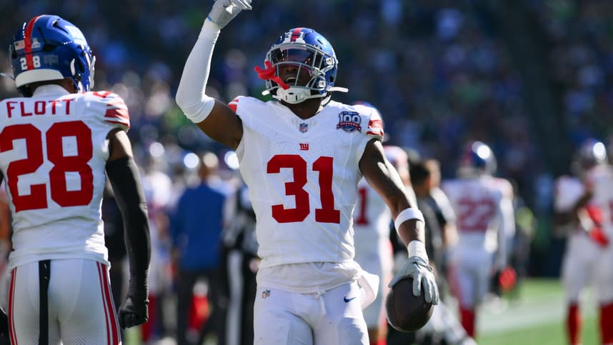 Oct 6, 2024; Seattle, Washington, USA; New York Giants safety Tyler Nubin (31) celebrates after recovering a Seattle Seahawks fumble during the second half at Lumen Field. Mandatory Credit: Steven Bisig-Imagn Images