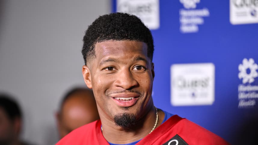 Jun 17, 2025; East Rutherford, NJ, USA; New York Giants quarterback Jameis Winston (19) speaks at a press conference during minicamp at Quest Diagnostics Training Center. Mandatory Credit: John Jones-Imagn Images
