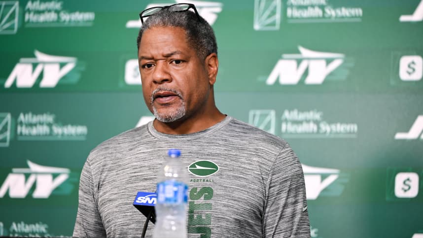 Jun 11, 2025; Florham Park, NY, USA; New York Jets defensive coordinator Steve Wilks speaks at a press conference during minicamp at Atlantic Health Jets Training Center. Mandatory Credit: John Jones-Imagn Images