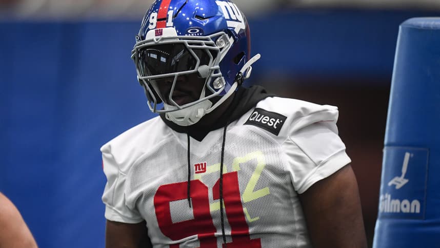 May 9, 2025; East Rutherford, NJ, USA; New York Giants defensive tackle Darius Alexander (91) participates in a drill during rookie minicamp at Quest Diagnostics Training Center. Mandatory Credit: John Jones-Imagn Images