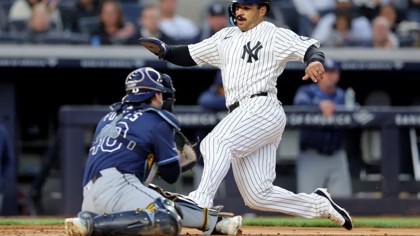 Trent Grisham running the bases for the Yankees against the Rays