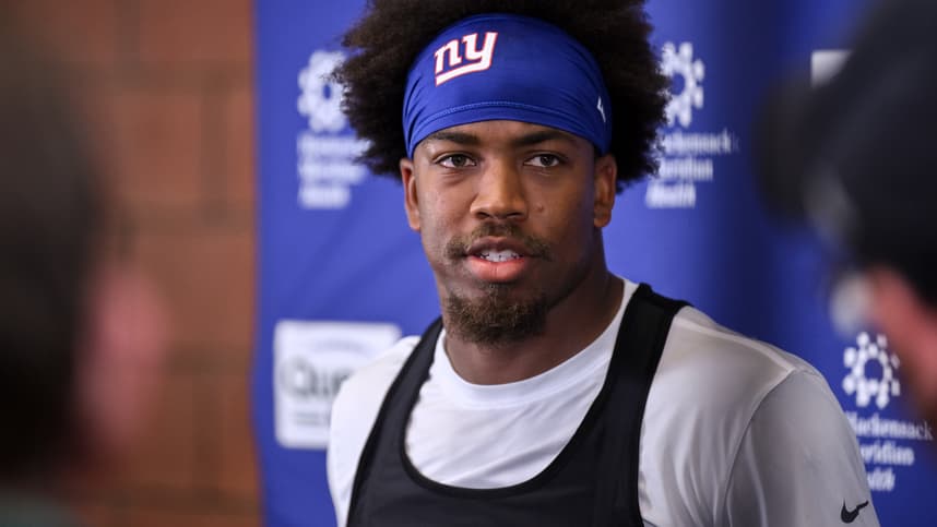 Jevon Holland speaking during Giants OTAs