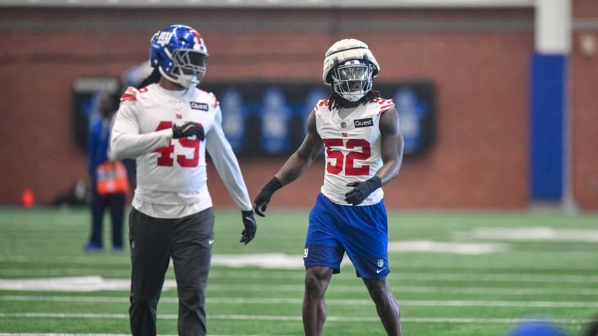 Arvell Reese lines up during Giants OTA practice