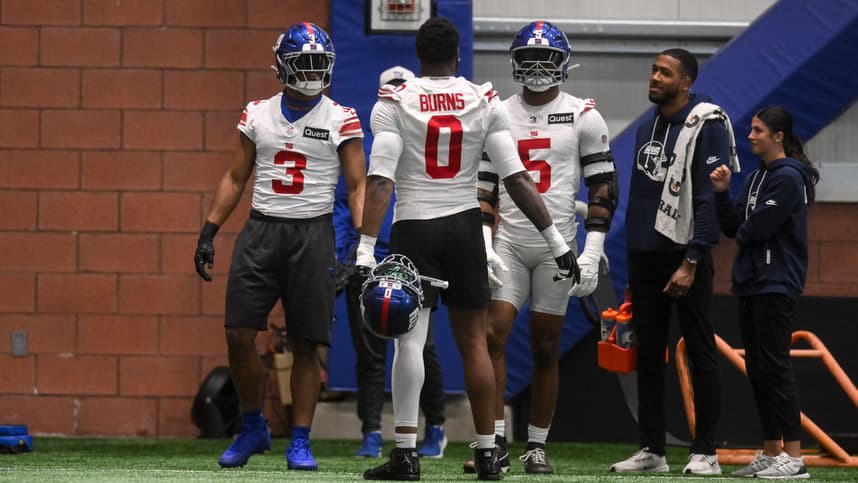 Kayvon Thibodeaux talks during Giants OTAs