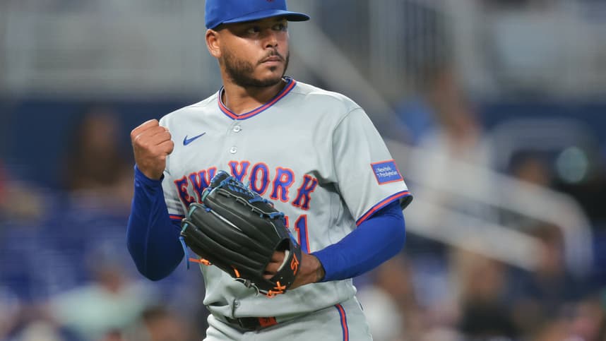 Freddy Peralta reacts during a Mets start against the Marlins
