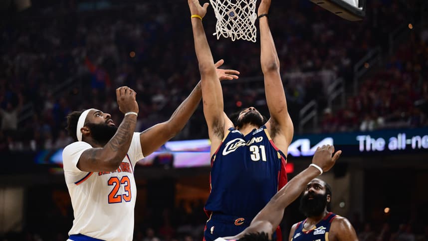Mitchell Robinson battles for a rebound for the Knicks during the Eastern Conference Finals
