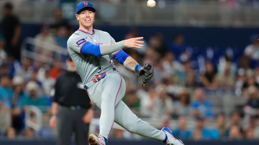 Brett Baty plays third base for the Mets in Miami