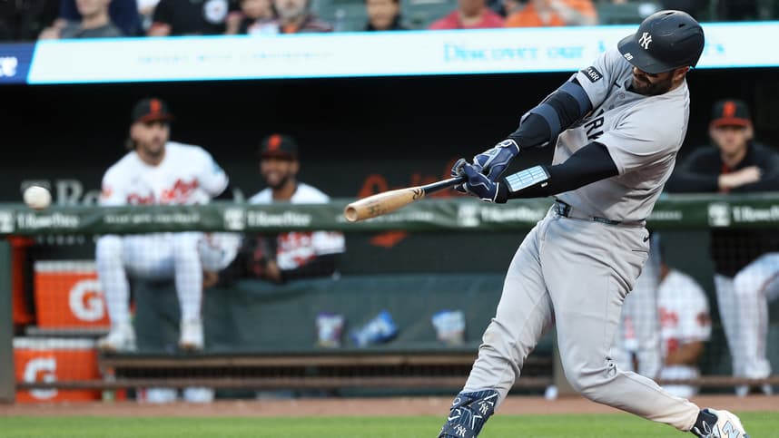 Austin Wells hits a single for the Yankees against the Orioles