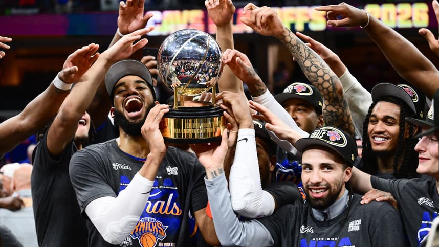 Karl-Anthony Towns and Knicks teammates celebrating the Eastern Conference title