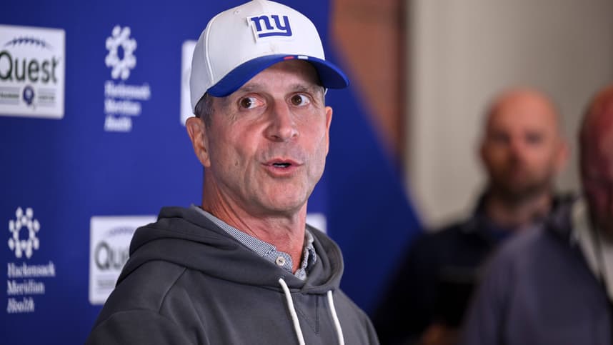 John Harbaugh speaks during Giants OTAs