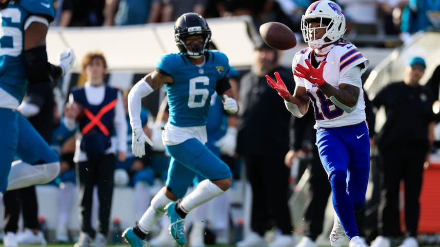 Greg Newsome, giants, Buffalo Bills wide receiver Mecole Hardman Jr. (16) hauls in a reception against Jacksonville Jaguars cornerback Greg Newsome II