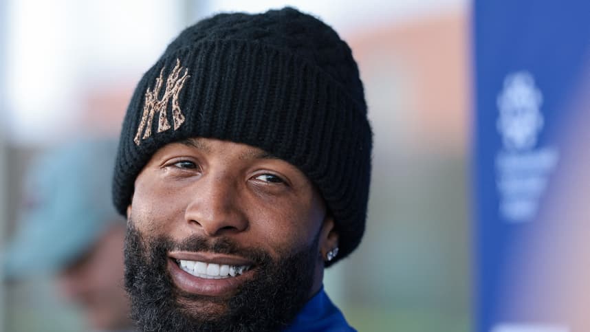 Jun 3, 2026; East Rutherford, NJ, USA; New York Giants wide receiver Odell Beckham Jr. (3) talks with media after organized team activities at Quest Diagnostics Training Center. Mandatory Credit: Vincent Carchietta-Imagn Images