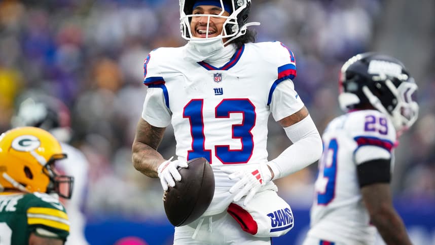 New York Giants wide receiver Jalin Hyatt (13) celebrates after making a catch in a game against the Green Bay Packers at