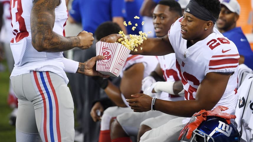 Odell Beckham Jr. greets fans before a Giants preseason game