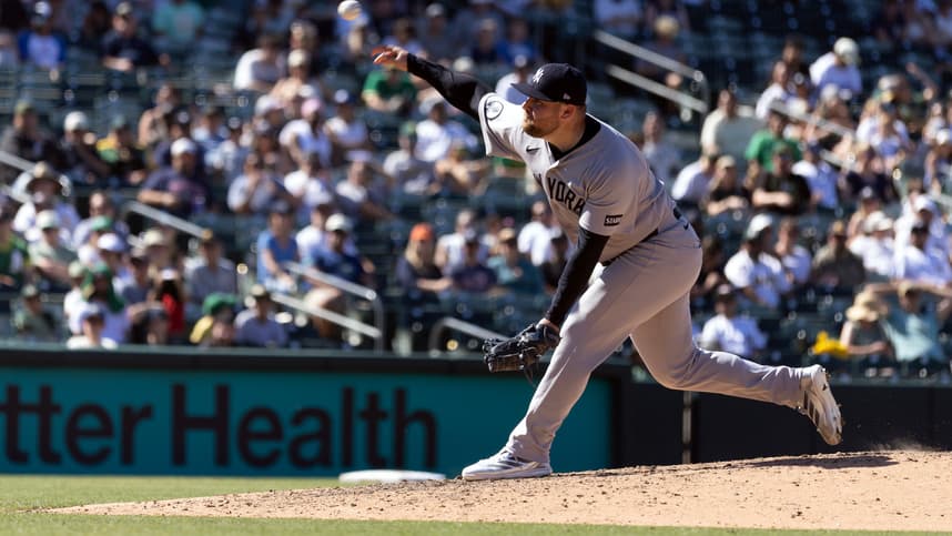 David Bednar delivers a pitch for the Yankees against the Athletics