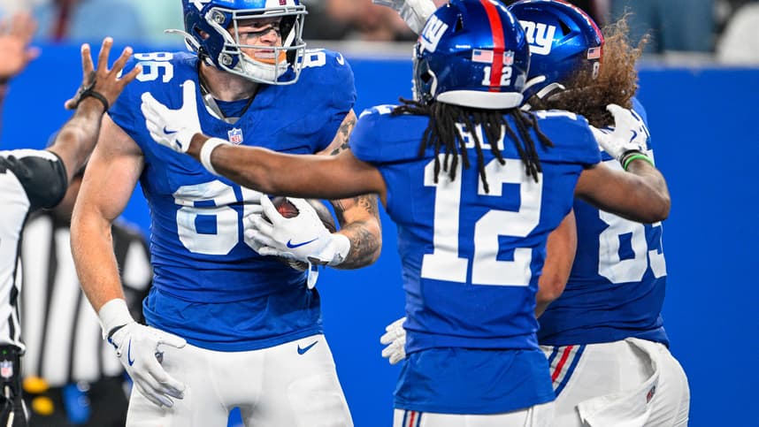 Thomas Fidone II celebrating a catch for the Giants