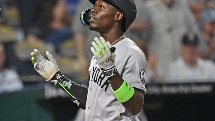 Jazz Chisholm looks on during a Yankees game against the Royals