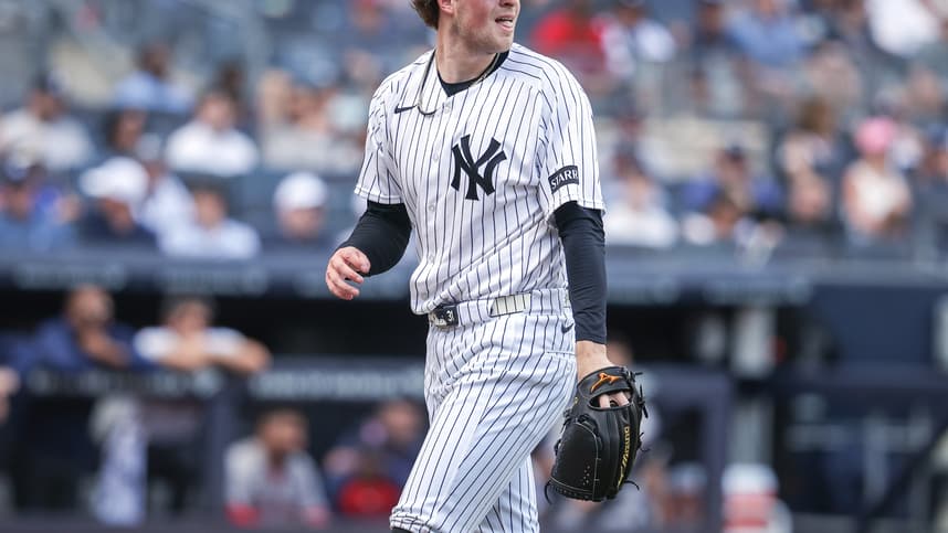 Cam Schlittler reacts after a strong inning for the Yankees against the Red Sox