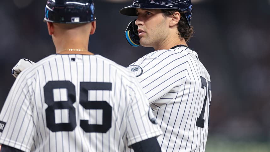 Spencer Jones reacts after a Yankees hit at Yankee Stadium