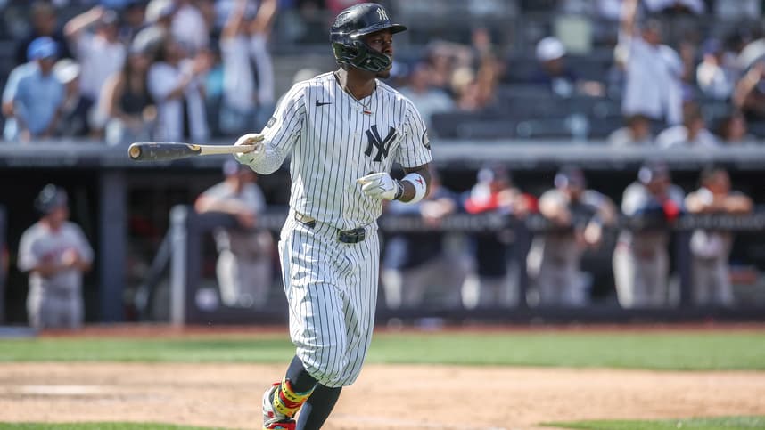 Jazz Chisholm Jr. runs after hitting a Yankees home run against the Red Sox