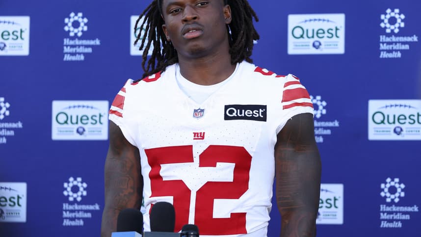 Arvell Reese speaks after Giants minicamp practice