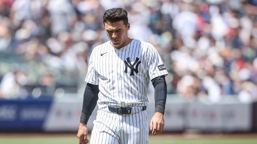 Anthony Volpe reacts after an at-bat for the Yankees against the Red Sox