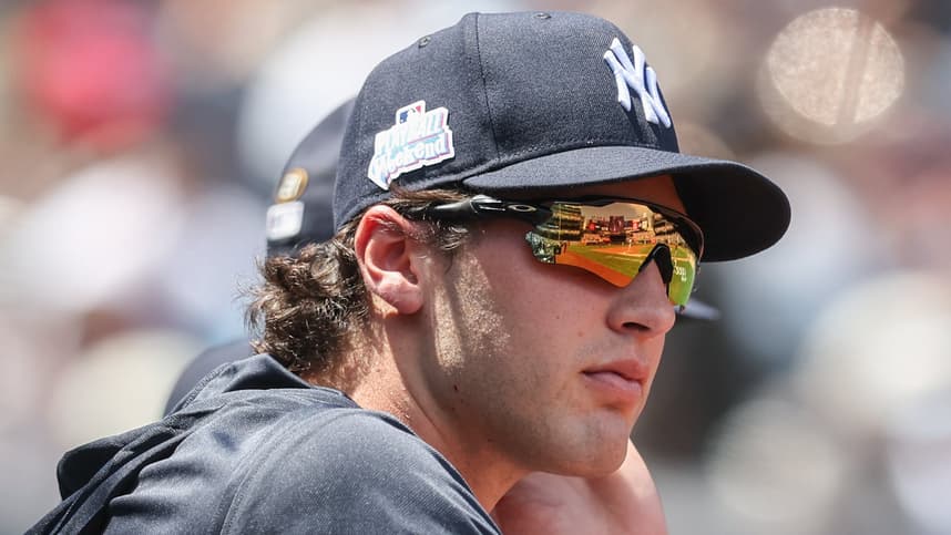 Spencer Jones on the field for the Yankees at Yankee Stadium