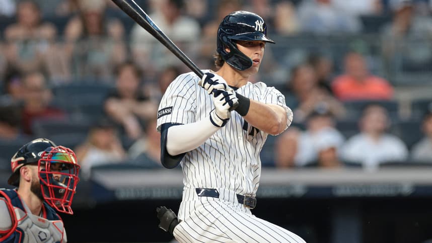 Spencer Jones hits for the Yankees against Boston
